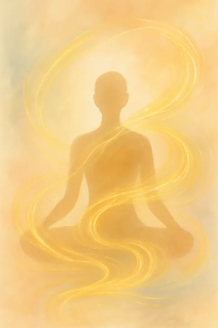 Meditierende Silhouette mit goldener Energie